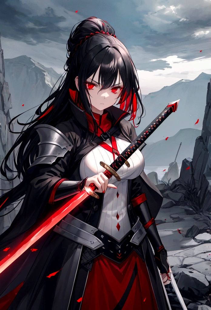 a woman with black hair and white streaks with sad face holding a large red sword, detailed red eyes, detailed sword, dark surroundings