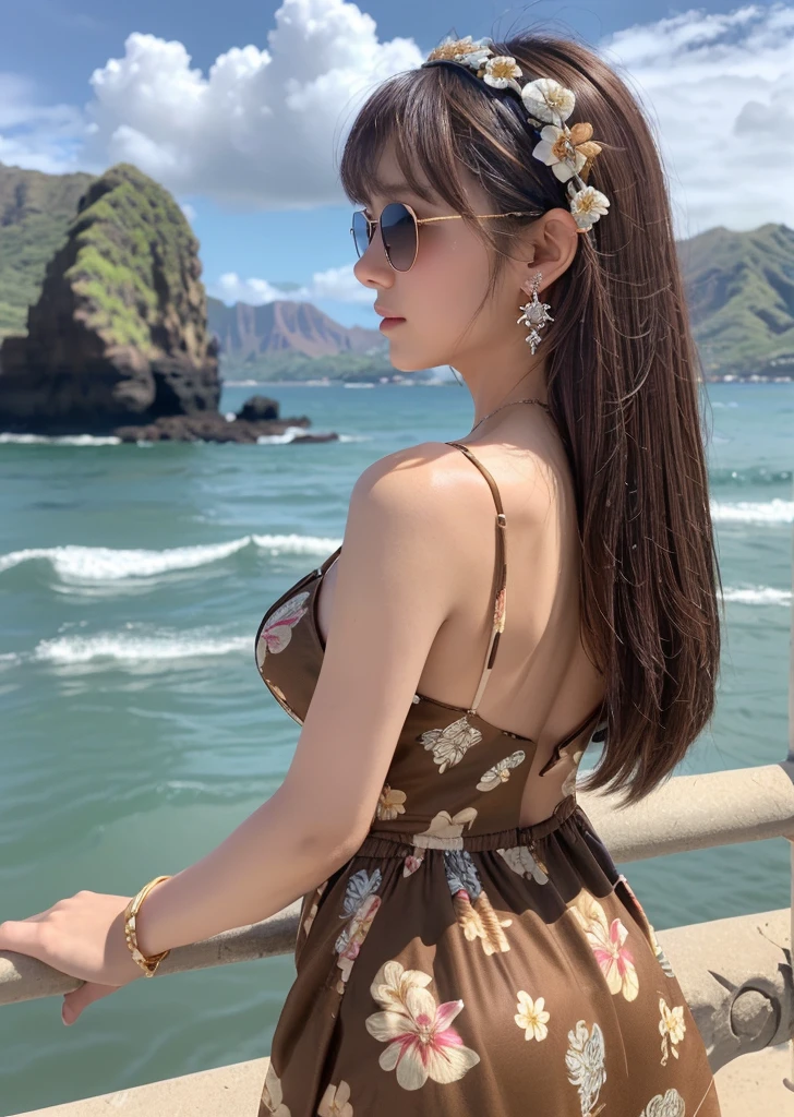 profile、Turned around、Butt,Flat Chest、(Slim body)、((Slim body))、Long Hair,Straight Bangs,Embarrassing,masterpiece,diamond、Earrings,background of fantasy,(((Brown Hair)))、 hair ornaments,Headband,Brown Hair, Wearing a floral dress、Hawaii cityscape、Diamond Head is visible、Beautiful sky and sea、vacation、sunglasses、Walking happily、