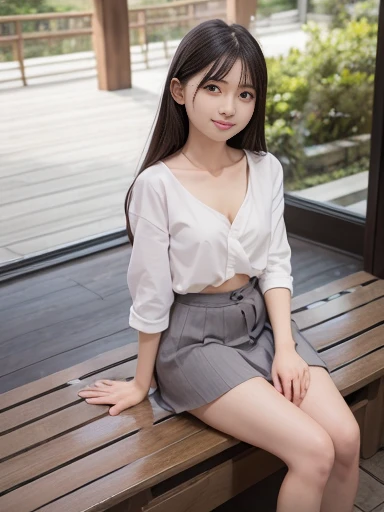 a lot of details, (underweight), 30 years old, detailed black hair, beautiful detailed hair, super fucking beautiful, delicate beautiful face, complex details beautiful and delicate eyes, perfect hands, (flat chest best quality:1.5), perfect and delicate limbs, detailed skin, best quality, ultra-detailed,(cheerful grin:1.3),
full body, Girls' Front, sitting, Long hair, whiteshirt, short skirt, grey Clothes, sitting on the veranda,Japanese style architecture, Japanese architecture,