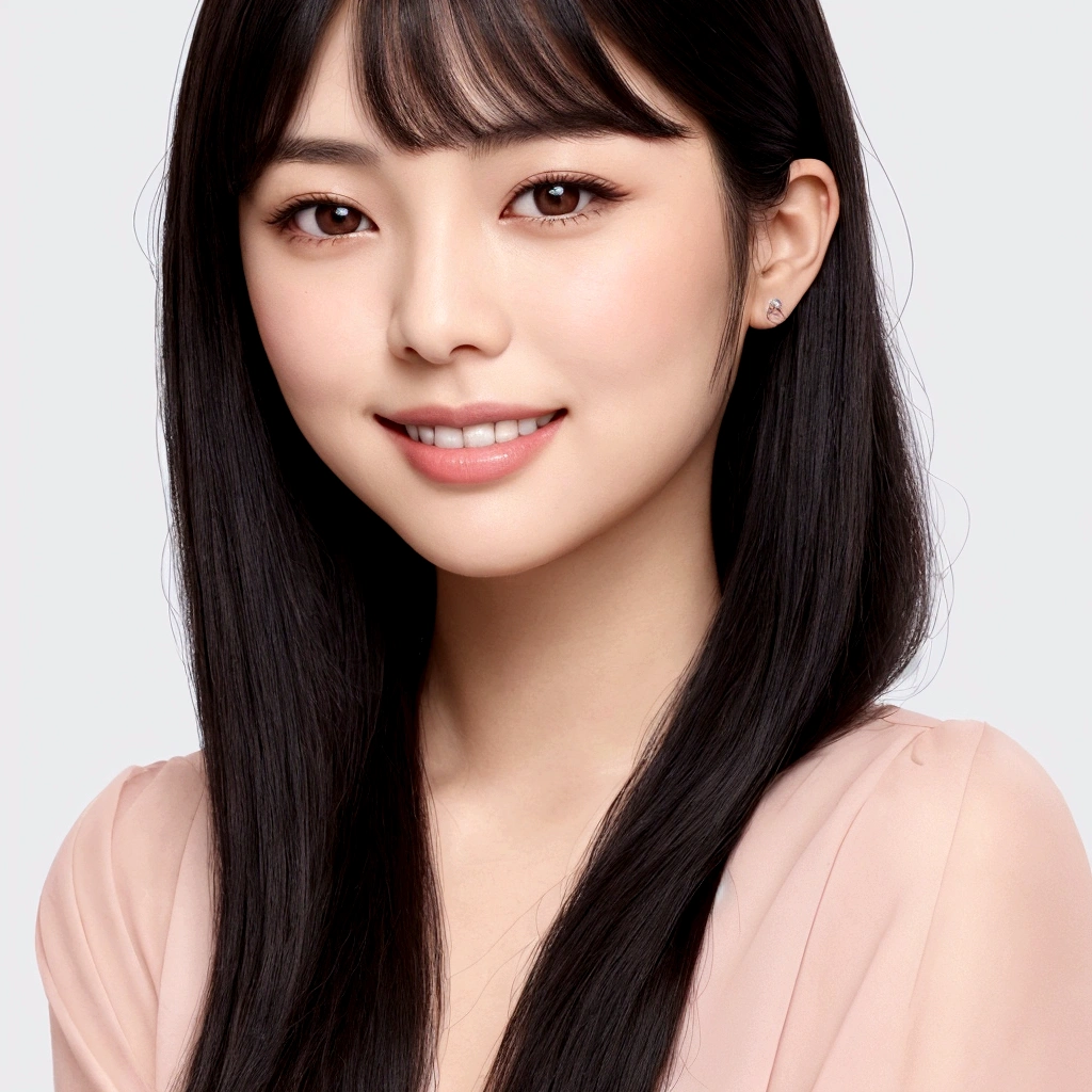 She has long, straight black hair with bangs that are straight and fall naturally. Her face is oval-shaped with a well-balanced contour. She has large, round dark-colored eyes that are very expressive. Her nose is small and well-shaped. She has a small mouth with naturally full lips, smiling warmly to give a friendly impression. Her eyebrows are thin and neatly shaped. She exudes a clean and approachable aura. She is wearing a pink blouse. She has a healthy and well-proportioned body. The overall appearance should reflect a friendly, cute, and aesthetically pleasing look.