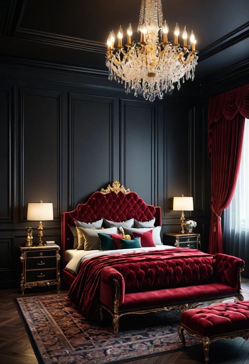 [Ornate, regal bedroom with a large,made of rosewood decor design, intricate patterns, gold color, tufted headboard, red velvet bedding, and a crystal chandelier. The room is bright and moody with a touch of opulence. The bed is the main focus of the room. There are two small windows on the left side of the bed], [Realism, 3D rendering, Octane Render, high quality, intricate details, dark colors, velvet texture, soft lighting], [Camera lens: 35mm, f/2.8, ISO 100, Shutter speed 1/125s]