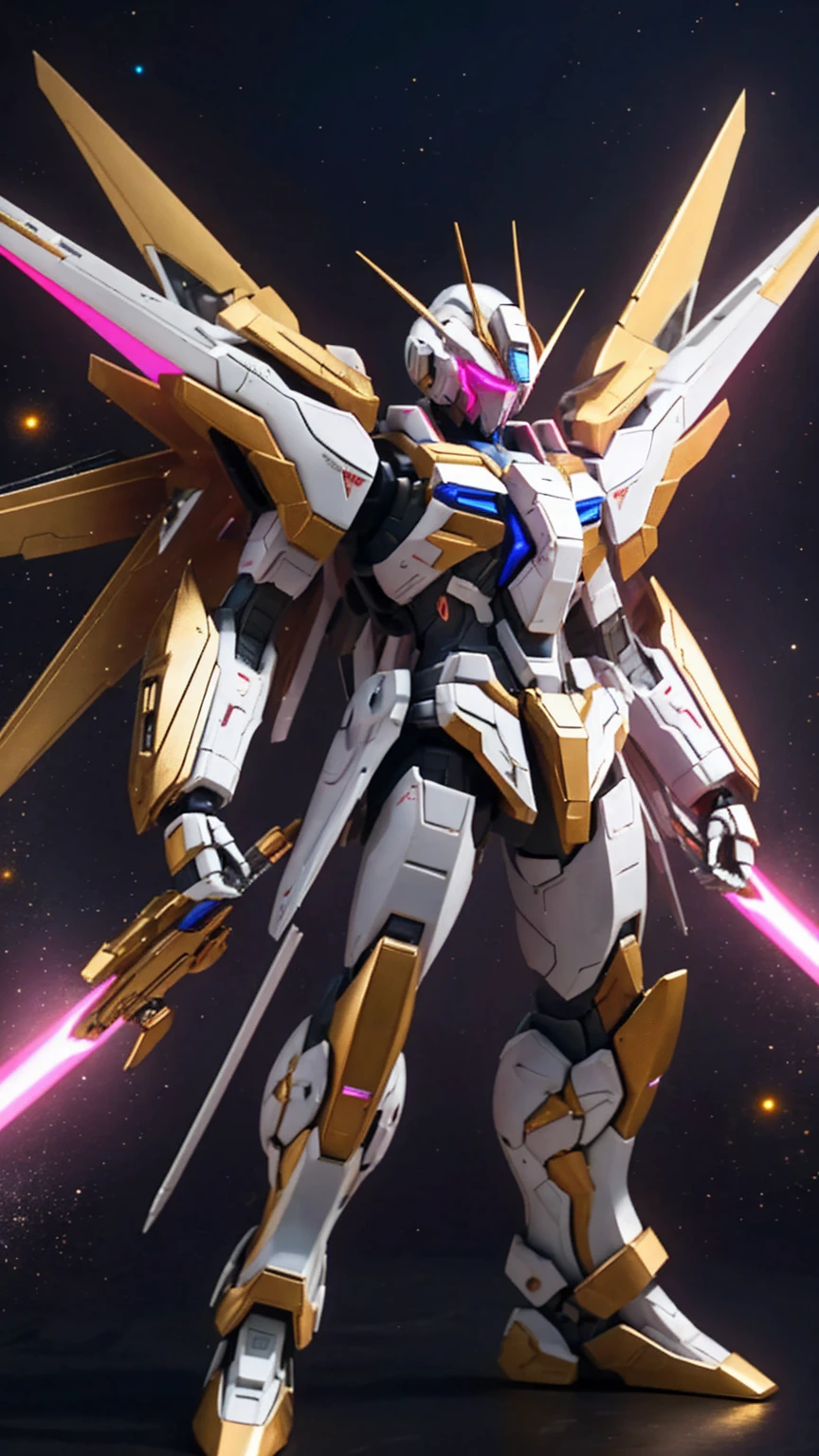 universe space、Pink light effect covers the whole body of the aircraft、Strike Freedom、front、universe spaceに浮いている、The round gold particles surround the aircraft.、He holds a rifle in his right hand and a beam saber in his left hand、Eye color: Blue