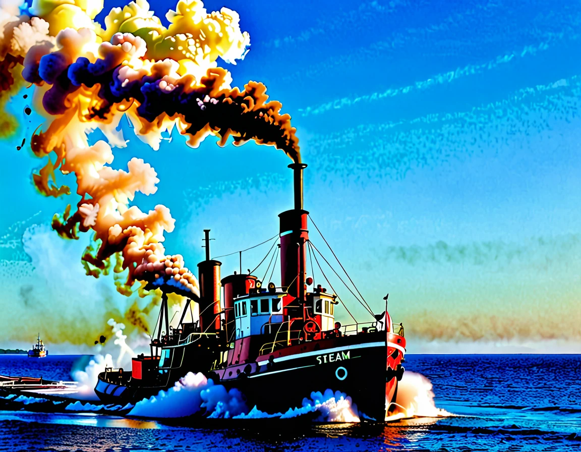 Old steam tug. working hard. Open sea. clear blue sky. smoking funnel (brown smoke)