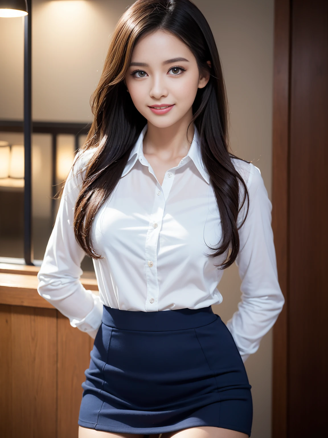 top-quality, masterpiece, 8K, 超A high resolution, (Photorealsitic:1.4), 1girl in、Beautiful expression, Collared shirt、blue tight skirt、symmetrical eye、Medium 、Perfect body proportion、Unbutton the chest、Look at viewer' smile face, lipstik, close shot capture, halfbody, eyes on camera, details eyes, beautiful eyes