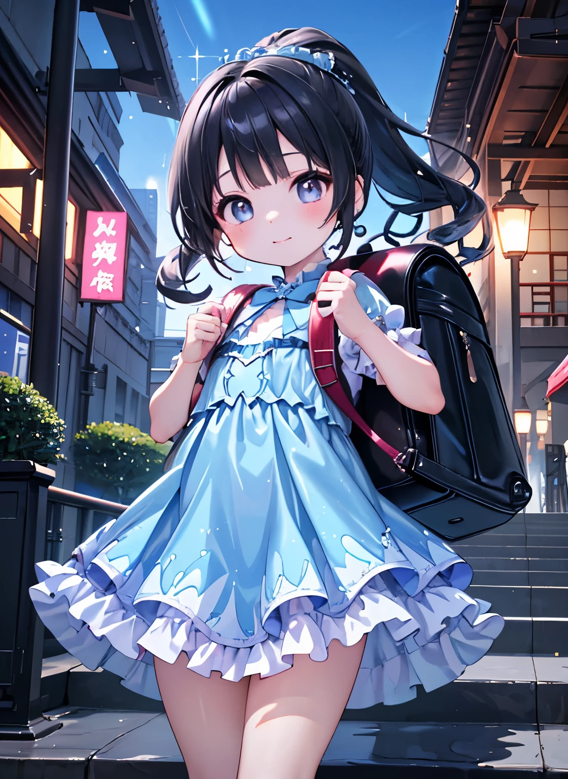 masterpiece, High resolution, Realistic, Black Hair, Asian Girl, p○nytail, hair ribb○n,(the face of a very young child:1.4).○, 1girl wearing a pink id○l dress (((A blue sparkling idol dress that reveals beautiful thighs:1.2)))、(Wearing a flipped up, too short mini frill skirt), (Black Hairのアジア人), Outdoor, ponytail, Are standing, Outdoor, wearing red Backpack, (Backpack:1.1) (赤いBackpack:1.2)、Has bangs、Twin tails:1.2, ponytail, Are standing