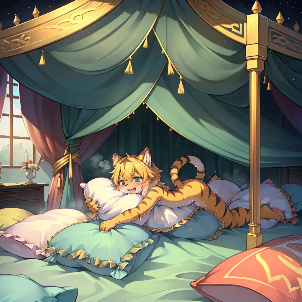 （masterpiece，best quality），my own, The Beast, , (适合任何Pillow背景的光影））, 穿着pajamas可爱女孩在Pillow上摆姿势 ，pajamas，Nature,, (blush),a smile，Pillow头,（很多Pillow），Soft cushion，（canopy bed），Soft pillow quotation，（Pillow损坏），很多Pillow，（Crotch rubbing），（（Pillow驼峰）），（Pillow），（A tail），，（粉色Pillow），（Love around the protagonist），Steam，（Pillow头），（），（豪华Pillow），（Pillow），（palace），（Palace bedroom），（Pillow），柔软的Pillow，，（Classical European style bedroom ），（excited，shy person，Lack of expressiveness，），，pillow humping,my,tiger tail,tiger ears,Tiger pattern，，Sweat，，Sweaty，Body swing，身体Shaking lines，Shaking lines，best quality, masterpiece, ((Maximum resolution)), artwork, ，,,(Interior of the palace),(In the bedroom at night),(Deluxe Rococo Canopy King Bed),On a big and spacious bed,(the 女孩 is lying on the bed),Before bedtime,,,Luxurious curtains with ornate ruffles and ribbons surround the bed,((((There are many pillows piled on the bed)))),Detail of Quilt,Detailed bed sheets,Ruffled Bed Skirt,Deep Bed,Background with depth,pajamas , ((((大量的Pillow))))，peeing，squatting，water,Urine,Shaking lines，wetting pillows,Flowing liquid，Violent body shaking，剧烈Shaking lines，详细的软Pillow,,（女孩正躺在许多柔软的Pillow上,周围有许多Pillow），(Pillow上有液体），Sweat，saliva，Splashing urine，Pillow上和床上有水迹,