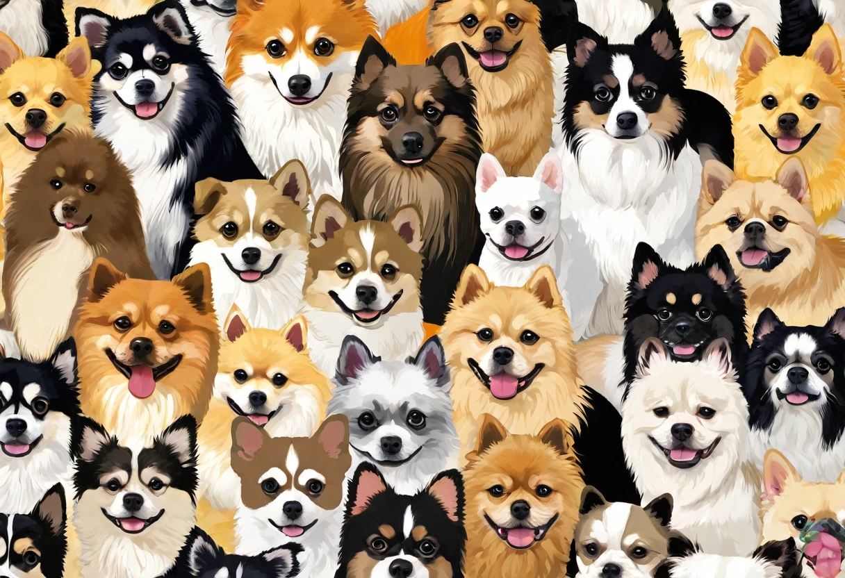 The Japanese Spitz in the following composition、Pomeranian、Shiba Inu、Akita dog、Chihuahua、Pug、Shih Tzu、Draw a portrait of the face of a popular dog breed in Japan or around the world, such as a Maltese。Each dog has a rural background、Please express a bright and happy expression.。As shown in the image below、A composition in which the faces of various dog breeds are evenly spaced.。