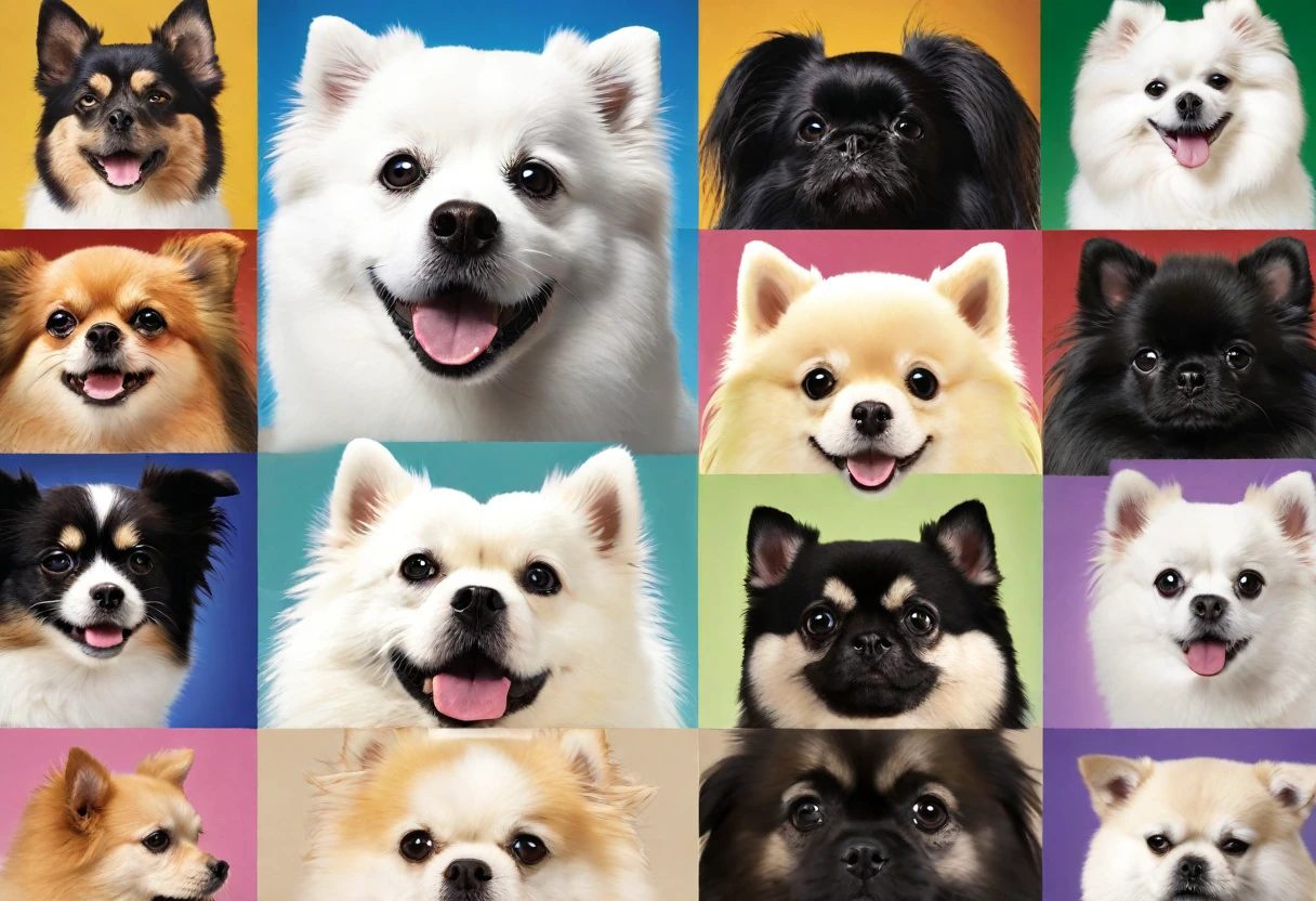 The Japanese Spitz in the following composition、Pomeranian、Shiba Inu、Akita dog、Chihuahua、Pug、Shih Tzu、Draw a portrait of the face of a popular dog breed in Japan or around the world, such as a Maltese。Each dog has a rural background、Please express a bright and happy expression.。As shown in the image below、A composition in which the faces of various dog breeds are evenly spaced.。