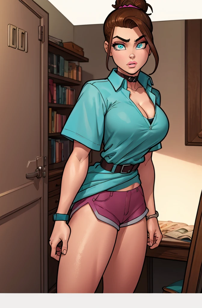 Masterpiece. detailed eyes, rabiestlagomorph, messy brown hair, hair tied back in bun, light blue eyes, busty, turquoise deep cut collared shirt, short sleeves, magenta booty shorts, slender, choker