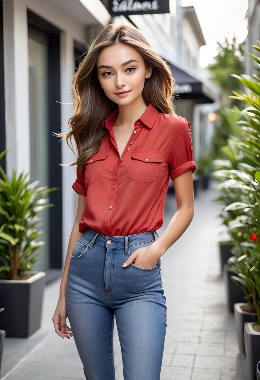 a woman in a black shirt and denim pants she is hair stylist , simple style, wearing elegant casual clothes, muted red, simple clothes, milk and red style, casual clothing style, modern fashion outfit, wearing a fisher , casual modern clothing, inspo, red clothes, red pants, neutral tones, rred and white color scheme, casual business outfit, cute face, 17 years old, adult face, long hair, ((brownish ash hair)) and gleaming detailed grey coloured eyes, slim frame, small breasts, long legs, slim curvaceous figure, soft features, print on shirt, ((JANE SALON))