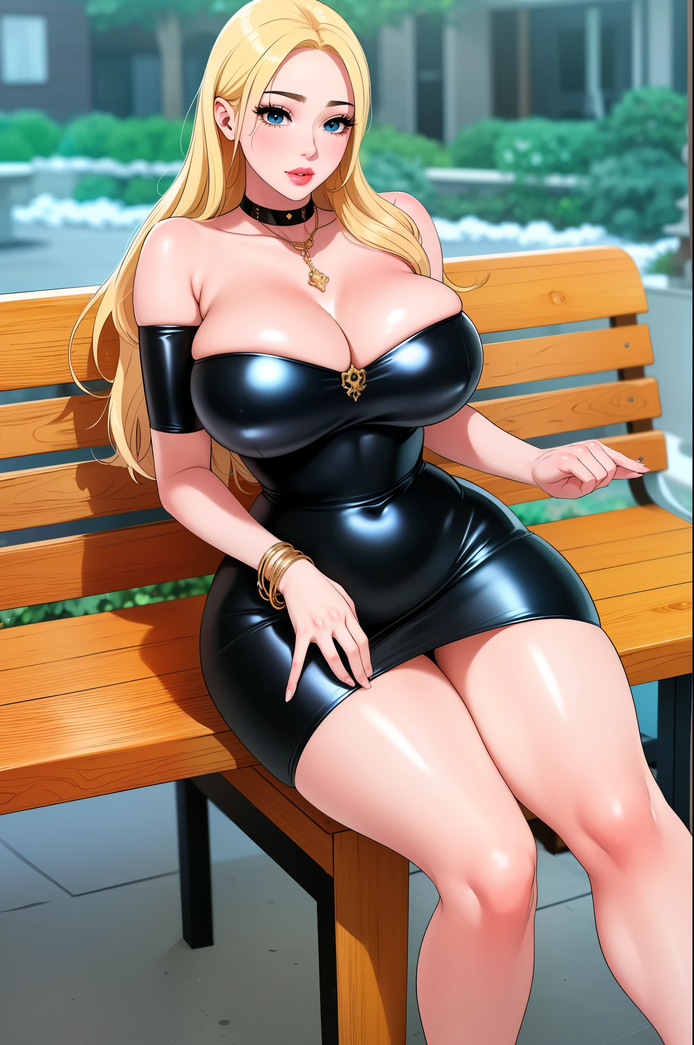 An extremely beautiful stunning voluptuous woman, with gold blonde long silky hair, big blue oceanic eyes, extremely super bright snow white fair stunning flawless glowing lush shiny white complexion, flawless skin, a perfect tight hourglass figure, and a skinny waist, sexy thick smooth luscious legs and thighs, wearing a short sexy tight revealing black latex dress with threads, gold necklace on the neck, gold anklets on feet, white chains on the waist, sitting legs crossed on bench, extremely cute smile on the face, bright pink blushes on cheeks, holding a pink purse, kids park in the background, show full body from head to feet.