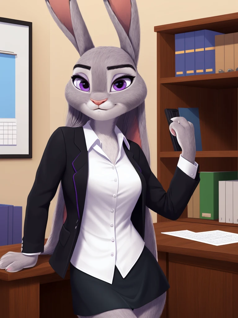 best quality,
masterpiece,
hyper Realistic,
Portrait,
Looking at the audience,
background is an office,

(Face is JudyHopps:1.15),
NamiFinal,
((long straight hair)),
wispy bangs, bangs,
purple eyes,
(arched eyebrows:1.1),
(uplift eyebrows:1.1),
(rabbit ears:1.1),

office lady is wearing suit,
((White blouse)),
((Black blazer jacket)),
((Black skirt)),
clothes made of cotton,

(outfit is made of felt:1.4), 
(((body is made of furry))), 
(((fluffy and fluffy))), 
(((furry and furry))),
human hands,

(solo:1.5),
(1 lady:1.5),
one character only
alone,
Perfect Anatomy