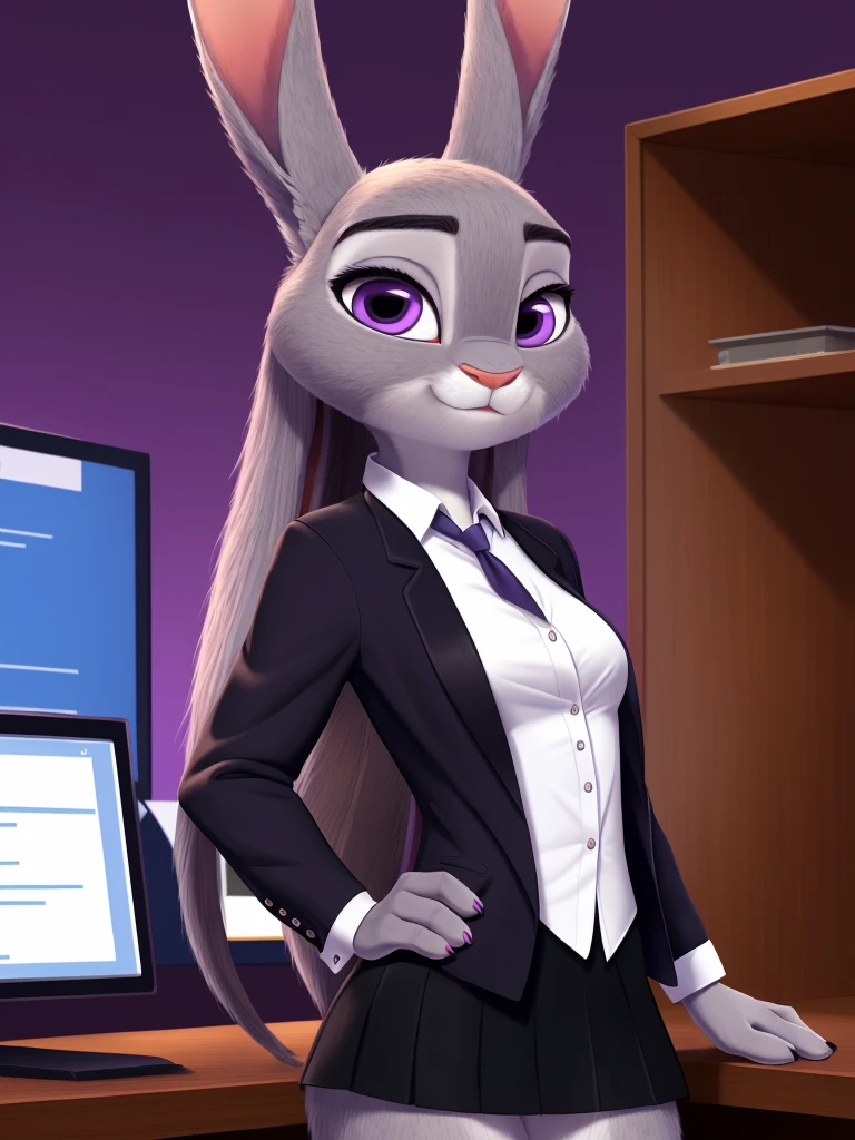best quality,
masterpiece,
hyper Realistic,
Portrait,
Looking at the audience,
background is an office,
(Face is JudyHopps:1.15),
NamiFinal,
((long straight hair)),
wispy bangs, bangs,
purple eyes,
(arched eyebrows:1.1),
(uplift eyebrows:1.1),
(rabbit ears:1.1),
office lady is wearing suit,
((White blouse)),
((Black blazer jacket)),
((Black skirt)),
clothes made of cotton,
(outfit is made of felt:1.4),
(((body is made of furry))),
(((fluffy and fluffy))),
(((furry and furry))),
human hands,
(solo:1.5),
(1 lady:1.5),
one character only
alone,
Perfect Anatomy