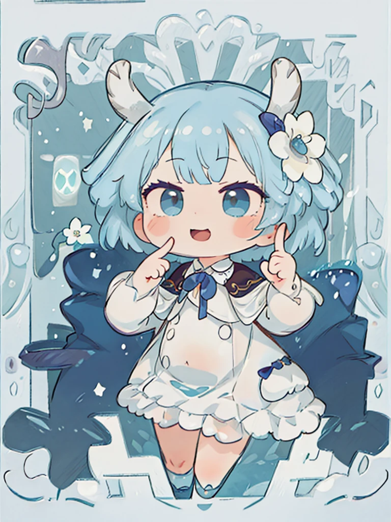 tarot, BORDER, celestial, chibi, masterpiece, best quality, extremely detailed, detailed background, detailed face, 1girl, full-body, solo, pale skin, LONG blue hair which each strands were being lifted up by butterflies, deer ears, white deer horns, happy expression, white dress, blue flower, good finger, perfect face, intricate details, mystical forest theme