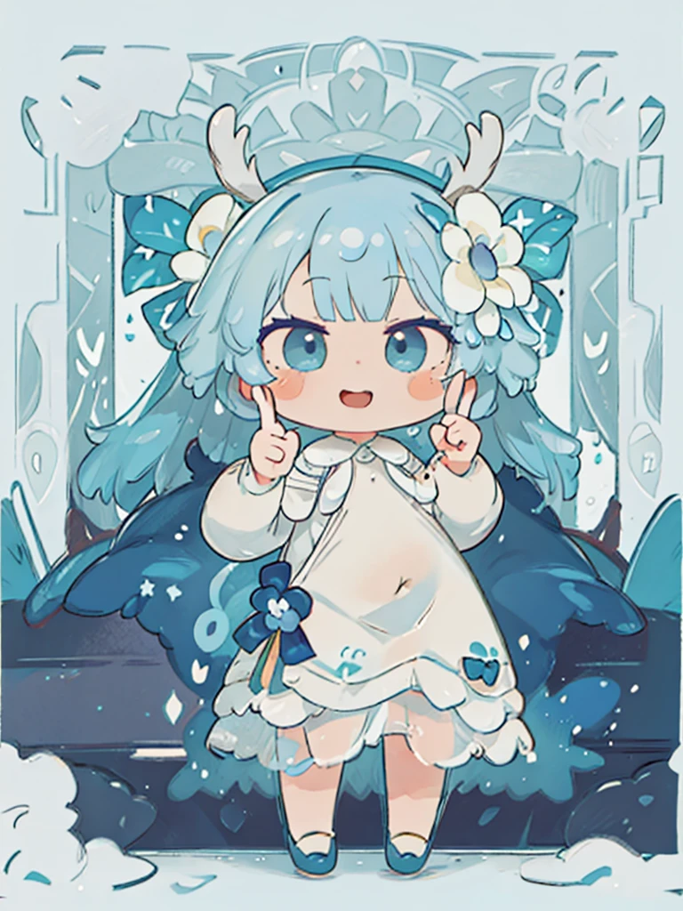 tarot, BORDER, celestial, chibi, masterpiece, best quality, extremely detailed, detailed background, detailed face, 1girl, full-body, solo, pale skin, LONG blue hair which each strands were being lifted up by butterflies, deer ears, white deer horns, happy expression, white dress, blue flower, good finger, perfect face, intricate details, mystical forest theme