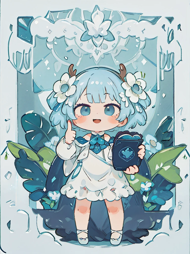 tarot, BORDER, celestial, chibi, masterpiece, best quality, extremely detailed, detailed background, detailed face, 1girl, full-body, solo, pale skin, LONG blue hair which each strands were being lifted up by butterflies, deer ears, white deer horns, happy expression, white dress, blue flower, good finger, perfect face, intricate details, mystical forest theme