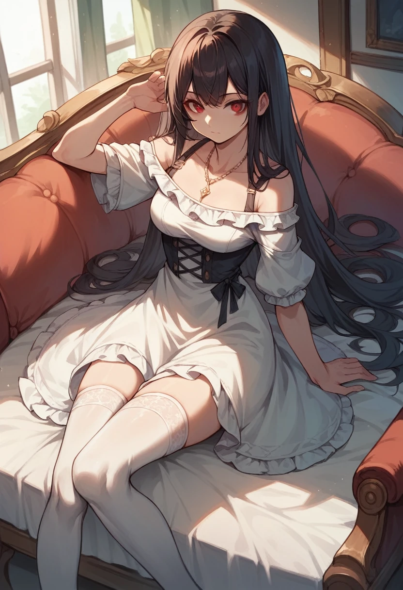 off shoulder dress,masterpiece, best quality, high resolution, 1 girl, Super high resolution, alone, stockings, red eyes, , black long hair, Bangs,necklace