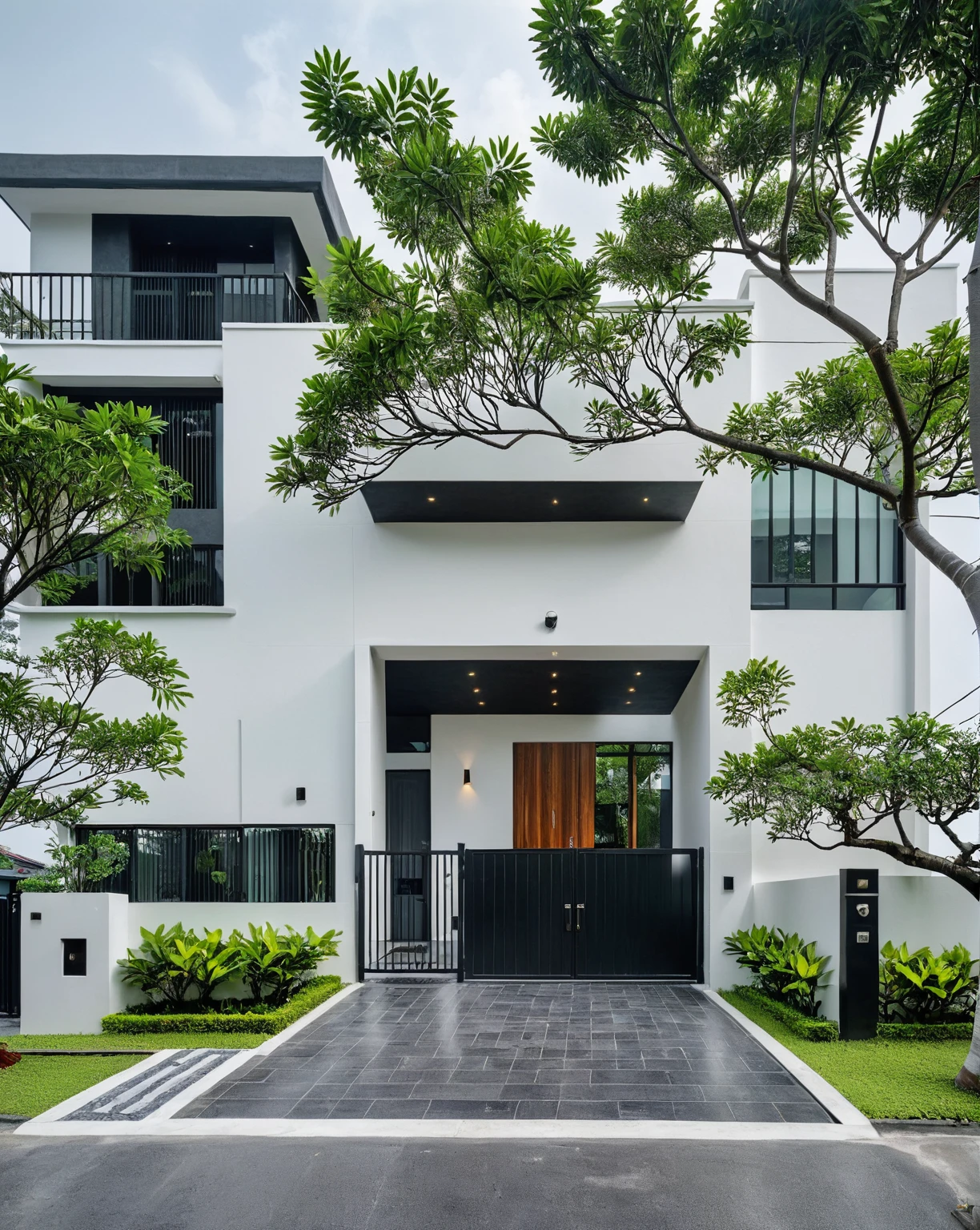 RAW photo, a photo of a modern villa, sidewalk, sidewalk trees, steel gate, road, viet nam modern residence, a car parked in front of it, rough white wall, new residential area, wide angle exterior 2022, contemporary house, exterior photography, masterpiece, contemporary architecture, overcast, indirect lighting