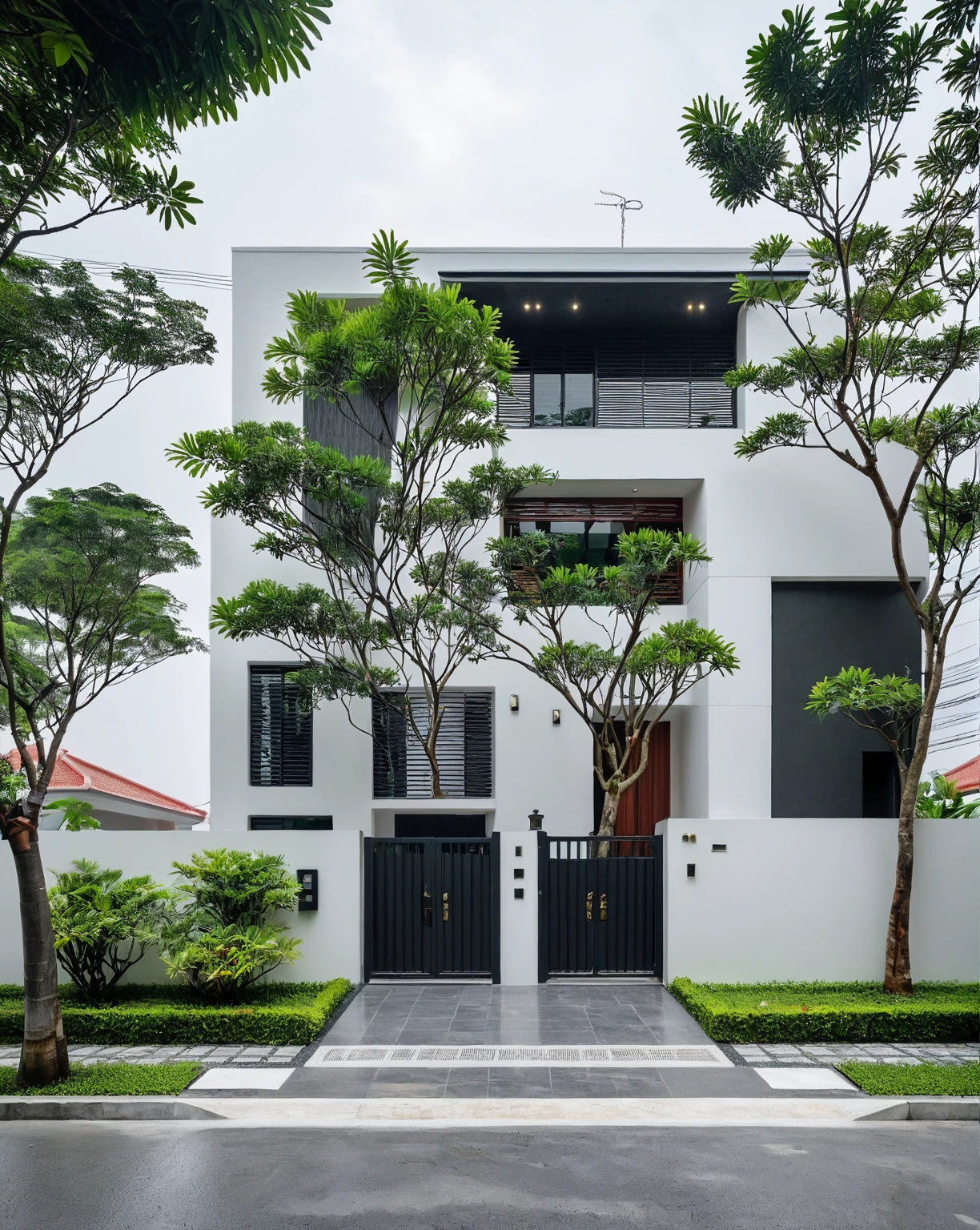 RAW photo, a photo of a modern villa, sidewalk, sidewalk trees, steel gate, road, viet nam modern residence, a car parked in front of it, rough white wall, new residential area, wide angle exterior 2022, contemporary house, exterior photography, masterpiece, contemporary architecture, overcast, indirect lighting