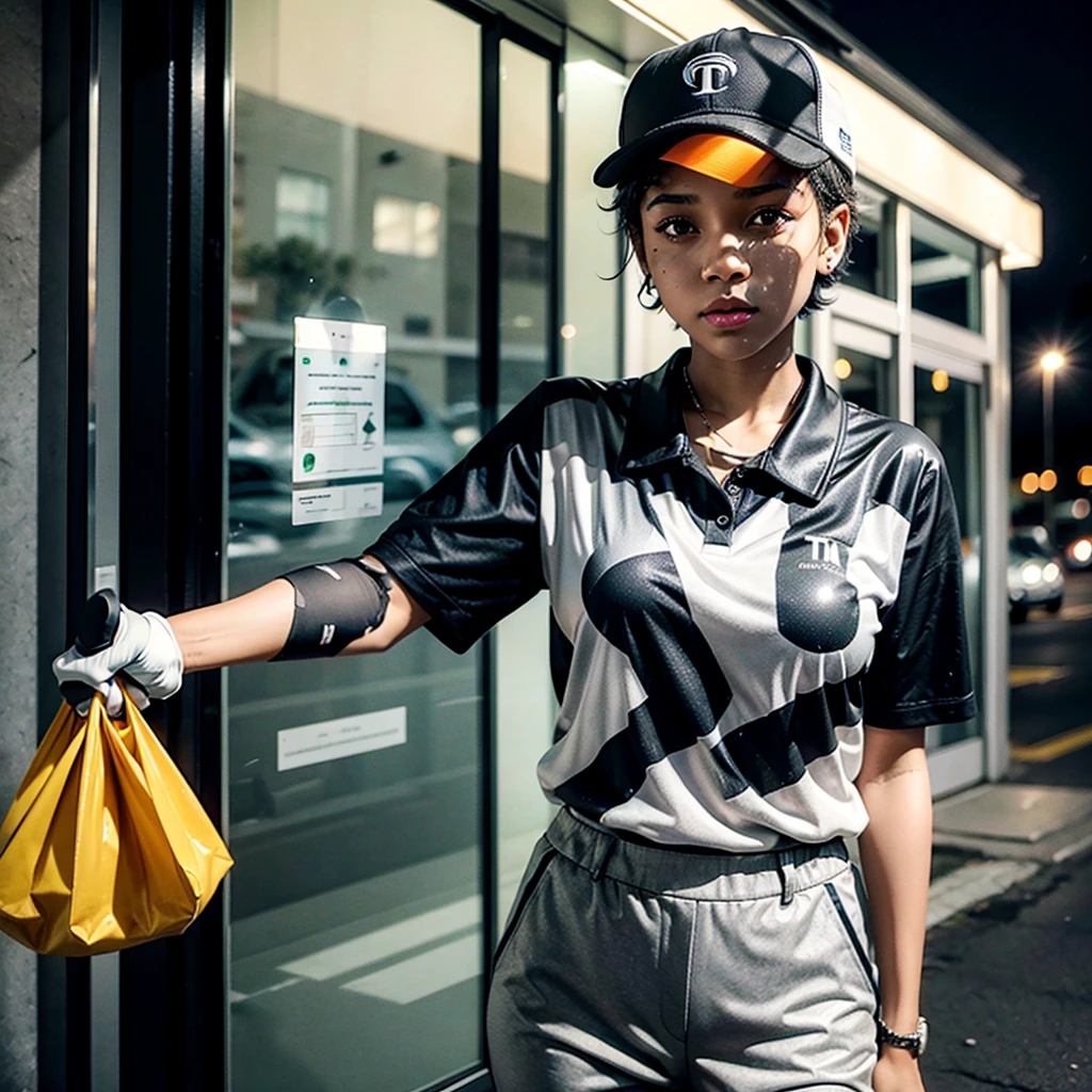 score_9,score_8_above,score_7_above,fine details throughout,latina,whole body,yellow cap, blue overalls, white short sleeve shirt, yellow gloves, greeting,(darkness:1.4),evening,dark alleys,o ring,