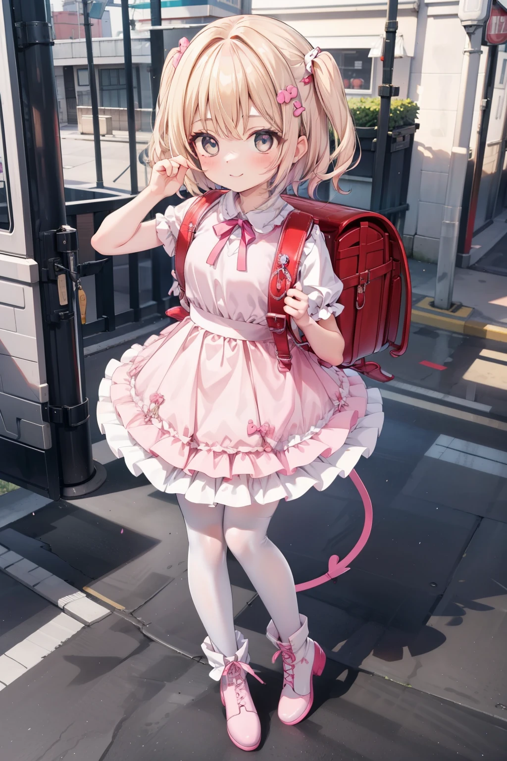 masterpiece, best quality, highly detailed, ultra high res, ayase arisa, 1girl, solo, hazel eyes, hair ornament, short ash blonde hair, (side tail), light smile, glossy lips, sleeveless idol dress, very puffy skirt, flared skirt, pink thigh highs, white heeled boots, full body, wearing red backpack, (backpack:1.2)