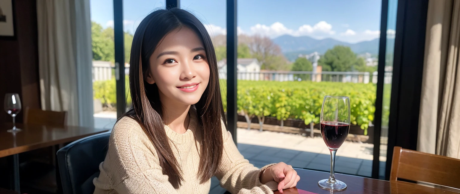 ((Highest quality、、masterpiece:1.3))、1 male、1 female、37 years old 39 years old、Slim Beauty、Beautiful couple、Upper Body、smile、 (Slim face), (the body is スリム), (Brown Hair), (Shortcuts), テーブルのフルコースディナーとwine glass、Amazing view of the sunset sky and clouds、smileの美しさ、Wine bottle、sparkling wine、Long sleeve shirt、dress、White wine, red wine, wine glass, Beautiful fine grain, Depth f/2,saturation, High Contrast, Strong light and shadow,Moist Body:1.5、3D texture、The hair is very shiny、