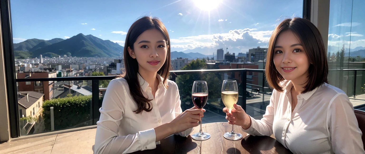 ((Highest quality、8K、masterpiece:1.3))、Sharp focus:1.2、Beautiful woman perfect body:1.4、slimなボディ、((Bob Hale、Straight hair:1.2))、(to be born, Highest quality, masterpiece:1.5), (Realistic, Intricate details:1.2), テーブルにwine glass、Put the light on your face、 Amazing view of the sunset sky and clouds、Amazing mountain views、ニコニコ明るいsmile、smileの素敵な女性、Bright image、2. The beauty of wine, Beautiful Face, blue eyes, The light shines on your face, Blushing, short hair,Bright Face、Fox face、 (43 years old), 39 years old, Lady、red wine 、Appetizers、Italian food、Wine bottle、Champagne、sparkling wine、Two beauties、Brown Hair、Shortcuts、Long sleeve shirt、dress、Beautiful woman 1, (slimな顔), (The body is slim), (Brown Hair), (Shortcuts), cheeks turn a little red,Attractive beauty、, Out of the window, Beautiful and detailed night view.........., restaurant, In a prominent place (From the waist up) Nova Frog Style, actress, model, Upper Body, White wine, slim, wine glass, 真ん中に置かれたwine glass, smile, (smile: 1.15), Beautiful fine grain, Depth f/2,saturation, High Contrast, Strong light and shadow,Moist Body:1.5、3D texture、Delicate eyes、Brown Hair、The hair is very shiny、
