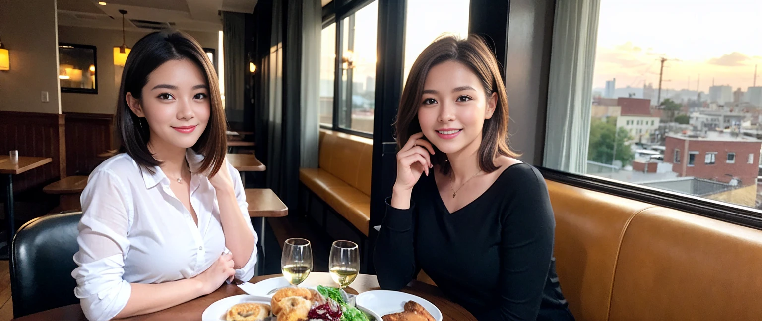 ((Highest quality、8K、masterpiece:1.3))、Sharp focus:1.2、Beautiful woman perfect body:1.4、slimなボディ、((Bob Hale、Straight hair:1.2))、(to be born, Highest quality, masterpiece:1.5), (Realistic, Intricate details:1.2), テーブルにwine glass、Put the light on your face、 Amazing view of the sunset sky and clouds、Amazing mountain views、ニコニコ明るいsmile、smileの素敵な女性、Bright image、2. The beauty of wine, Beautiful Face, blue eyes, The light shines on your face, Blushing, short hair,Bright Face、Fox face、 (43 years old), 39 years old, Lady、red wine 、Appetizers、Italian food、Wine bottle、Champagne、sparkling wine、Two beauties、Brown Hair、Shortcuts、Long sleeve shirt、dress、Beautiful woman 1, (slimな顔), (The body is slim), (Brown Hair), (Shortcuts), cheeks turn a little red,Attractive beauty、, Out of the window, Beautiful and detailed night view.........., restaurant, In a prominent place (From the waist up) Nova Frog Style, actress, model, Upper Body, White wine, slim, wine glass, 真ん中に置かれたwine glass, smile, (smile: 1.15), Beautiful fine grain, Depth f/2,saturation, High Contrast, Strong light and shadow,Moist Body:1.5、3D texture、Delicate eyes、Brown Hair、The hair is very shiny、