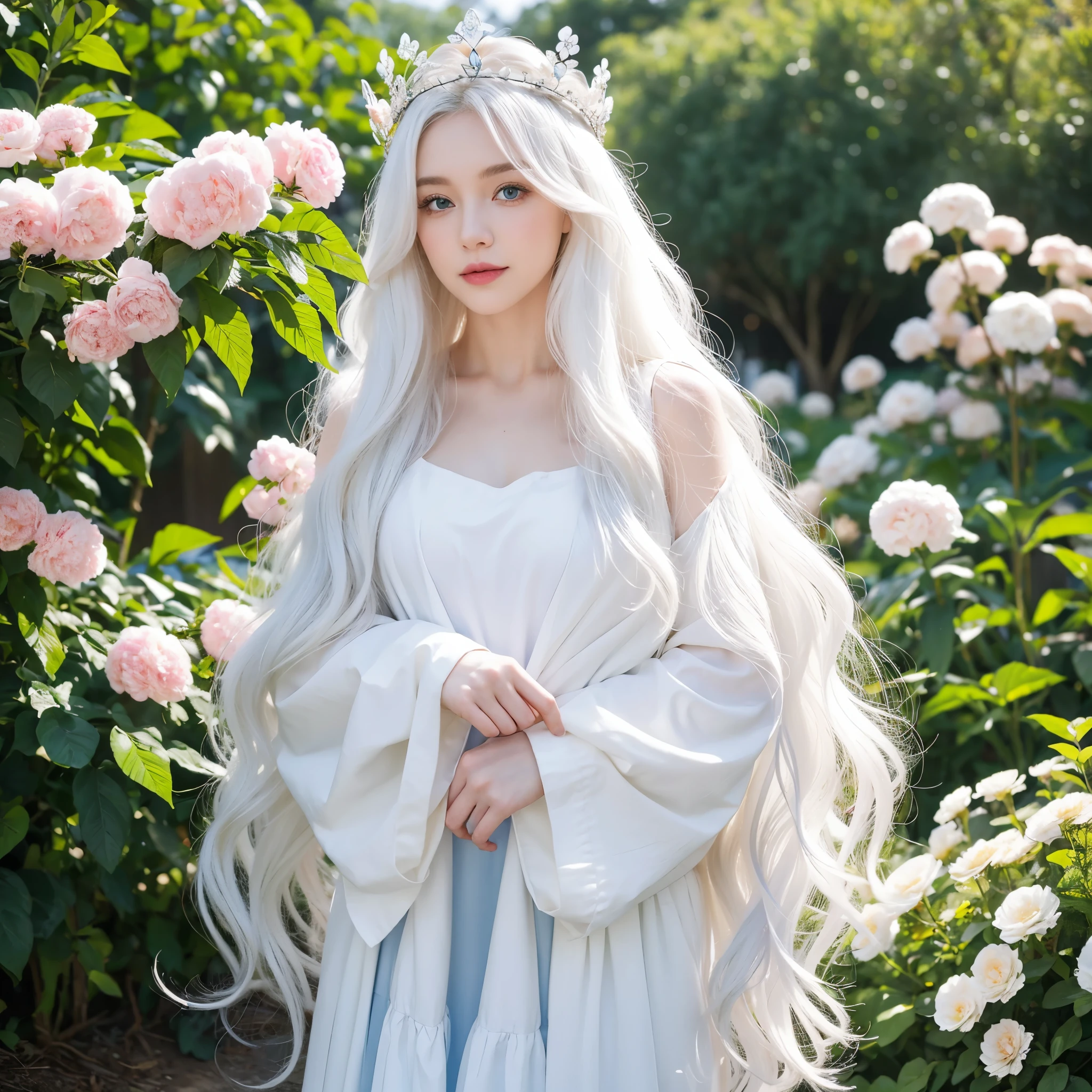 1 Woman, White long, curly hair,Natural hair. white hair. Blue eyes. student. Parque. Happy. flowers. Crown flowers.
