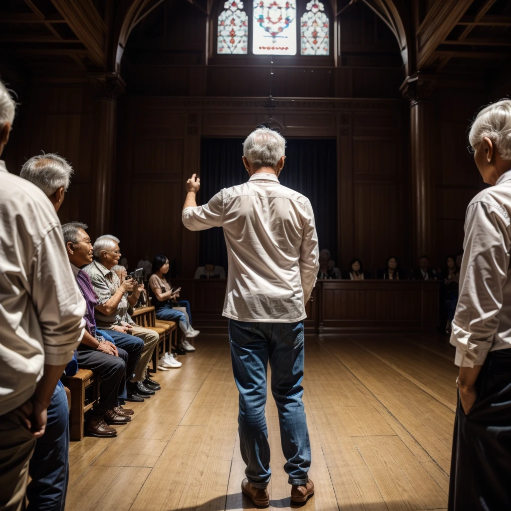 Show the photo of the back in the photo, There is a middle-aged man with his back to the camera，A small amount of white hair，He wears fashionable and young clothes，in the great hall, speak confidently，There are many audience members in the audience，All are Taiwanese