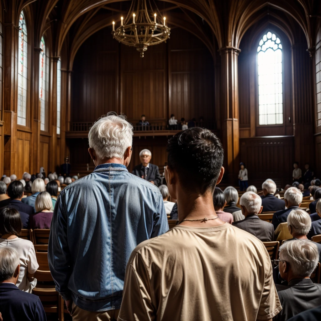 Show the photo of the back in the photo, There is a middle-aged man with his back to the camera,A small amount of white hair,He wears fashionable and young clothes,in the great hall, speak confidently,There are many audience members in the audience,All are Taiwanese