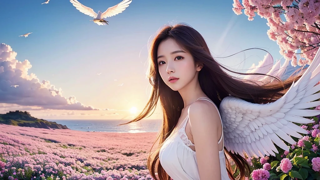 A female angel,long hair,wing,Sea of Flowers,fly in the sky