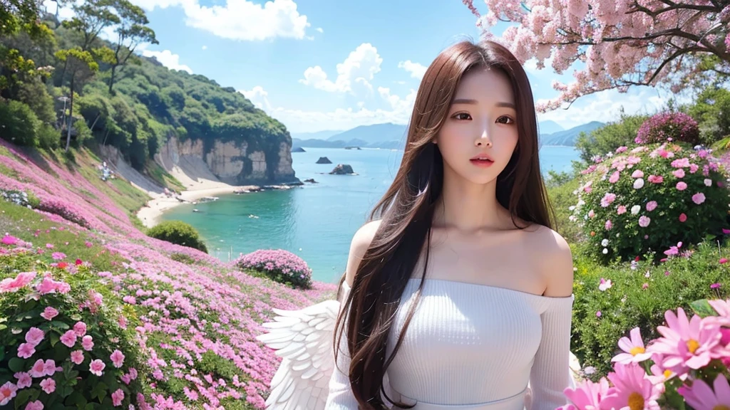 A female angel,long hair,wing,Sea of Flowers,fly in the sky