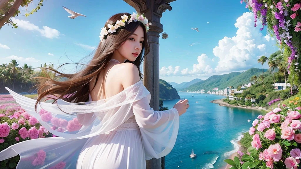 A female angel,long hair,wing,Sea of Flowers,fly in the sky