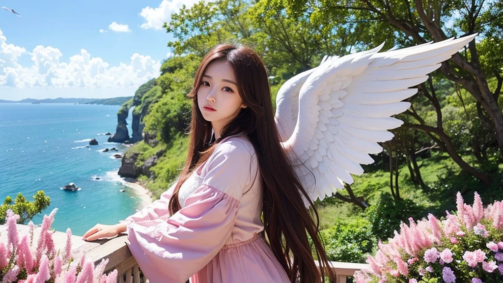 A female angel,long hair,wing,Sea of Flowers,fly in the sky