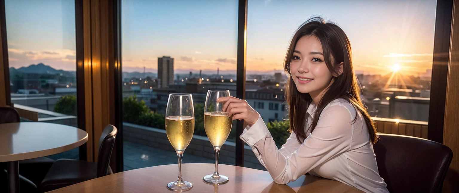 ((Highest quality、8K、masterpiece:1.3))、Sharp focus:1.2、Beautiful woman perfect body:1.4、slimなボディ、((Bob Hale、Straight hair:1.2))、(to be born, Highest quality, masterpiece:1.5), (Realistic, Intricate details:1.2), テーブルにwine glass、Put the light on your face、 Amazing view of the sunset sky and clouds、Amazing mountain views、ニコニコ明るいsmile、smileの素敵な女性、Bright image、2. The beauty of wine, Beautiful Face, blue eyes, The light shines on your face, Blushing, short hair,Bright Face、Fox face、 (43 years old), 39 years old, Lady、red wine 、Appetizers、Italian food、Wine bottle、Champagne、sparkling wine、Two beauties、Brown Hair、Shortcuts、Long sleeve shirt、dress、Beautiful woman 1, (slimな顔), (The body is slim), (Brown Hair), (Shortcuts), cheeks turn a little red,Attractive beauty、, Out of the window, Beautiful and detailed night view.........., restaurant, In a prominent place (From the waist up) Nova Frog Style, actress, model, Upper Body, White wine, slim, wine glass, 真ん中に置かれたwine glass, smile, (smile: 1.15), Beautiful fine grain, Depth f/2,saturation, High Contrast, Strong light and shadow,Moist Body:1.5、3D texture、Delicate eyes、Brown Hair、The hair is very shiny、