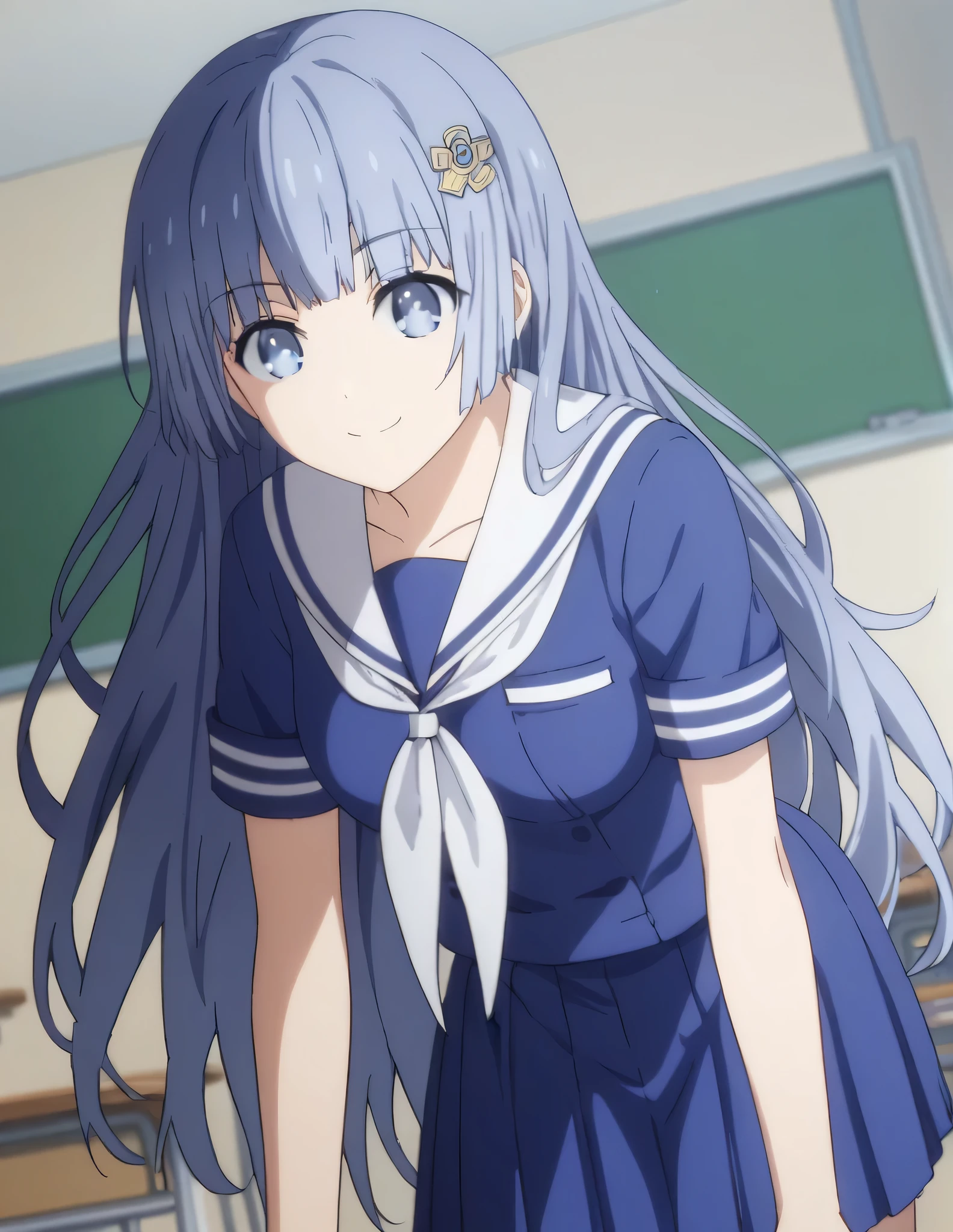 score_9, score_8_up, score_7_up, source_anime,
mikuizayoi, miku izayoi, bangs, blunt bangs, hime cut, hair ornament, long hair, blue eyes, blue hair,
school uniform, serafuku, sailor collar, white sailor collar, white neckerchief, blue shirt, short sleeves, blue skirt,
indoors, classroom, bent over, smile,
looking at viewer, solo, cowboy shot, dutch angle,