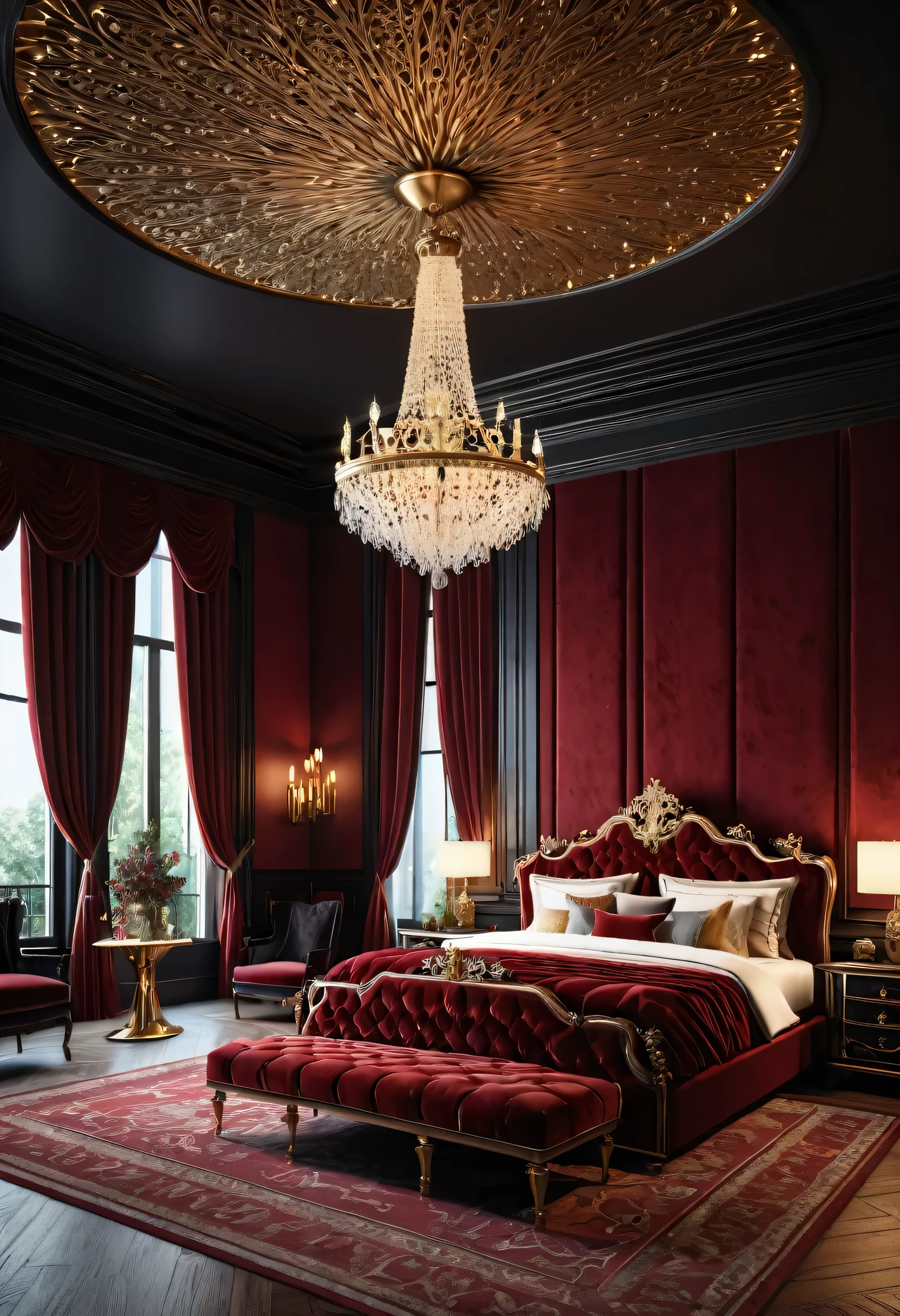 [Ornate, regal bedroom with a large,made of rosewood decor design, intricate patterns, gold color, tufted headboard, red velvet bedding, and a crystal chandelier. The room is bright and moody with a touch of opulence. The bed is the main focus of the room. There are two small windows on the left side of the bed], [Realism, 3D rendering, Octane Render, high quality, intricate details, dark colors, velvet texture, soft lighting], [Camera lens: 35mm, f/2.8, ISO 100, Shutter speed 1/125s]