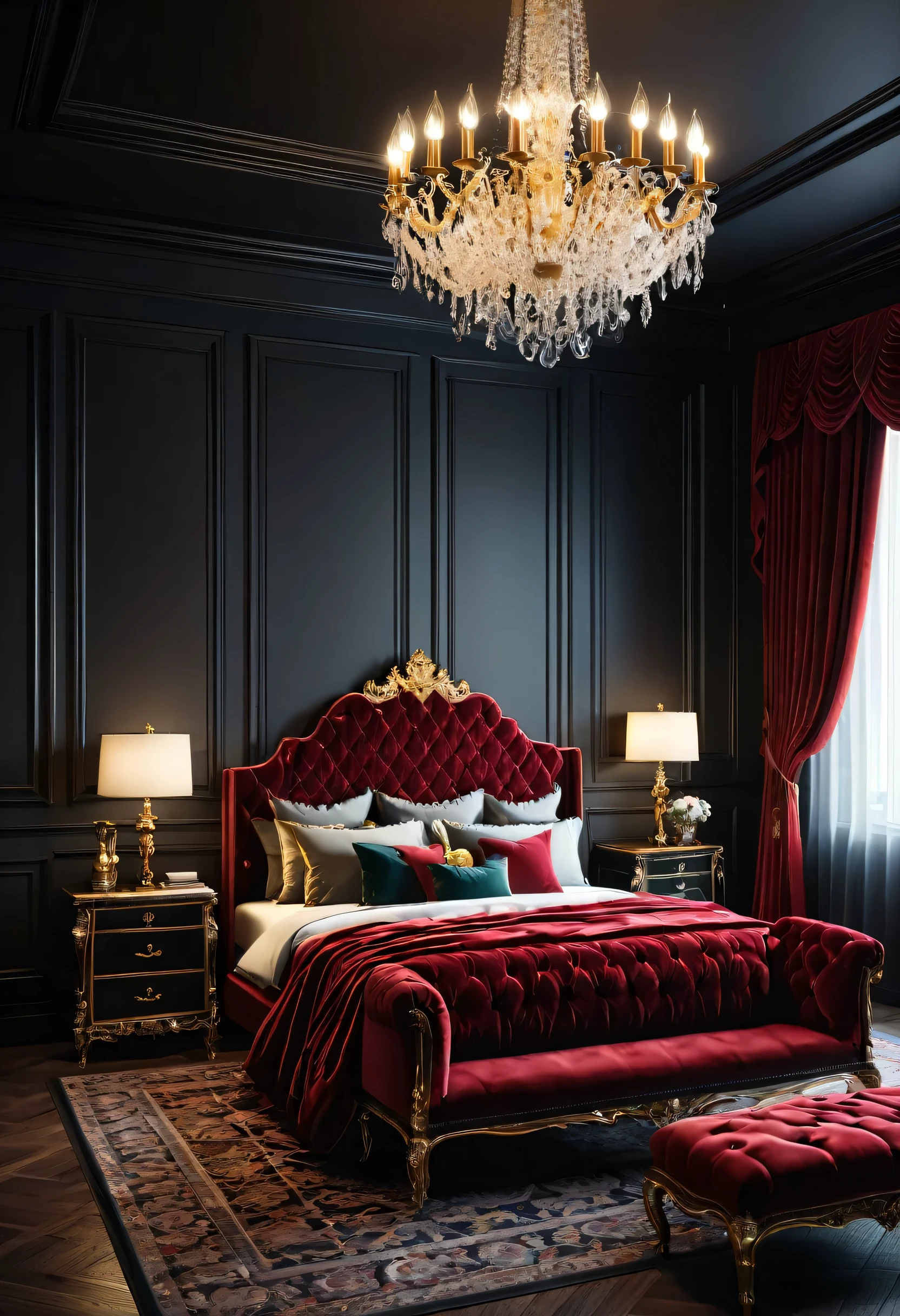 [Ornate, regal bedroom with a large,made of rosewood decor design, intricate patterns, gold color, tufted headboard, red velvet bedding, and a crystal chandelier. The room is bright and moody with a touch of opulence. The bed is the main focus of the room. There are two small windows on the left side of the bed], [Realism, 3D rendering, Octane Render, high quality, intricate details, dark colors, velvet texture, soft lighting], [Camera lens: 35mm, f/2.8, ISO 100, Shutter speed 1/125s]