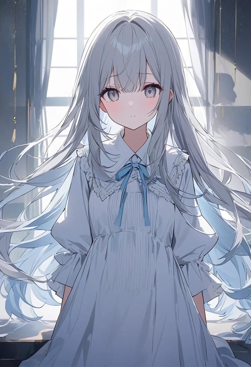white色、white、Girl、灰色がかったwhite色の髪、white色の灰色がかった髪、髪がwhite、Grayish colored hair、Long Hair、目の色はwhite色、whiteの目、white色の目、目の色が全てwhite、全体的にwhite色のGirl、white色のGirl、背景がwhite、white色の背景、white色の部屋、There are highlights on the eyes、Emotionless、Expressionless