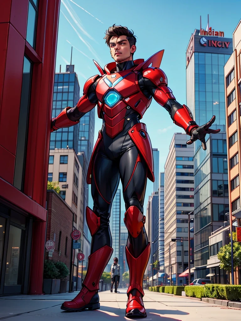 ((masterpiece, best quality)),(indian boy:1.2),(complex light),(hyper realistic),cinamatic,red and black futuristic aramer suit,astro boy,black hair, brown eyes,red boots, fighting postion, about to fight, futuristic city varied multi etc. --v 6 --s 1000 --c 20 --q 20 --chaos 100