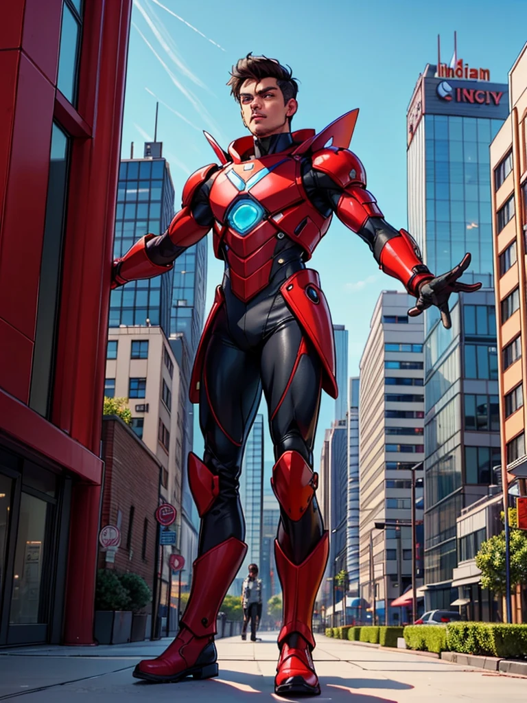((masterpiece, best quality)),(indian boy:1.2),(complex light),(hyper realistic),cinamatic,red and black futuristic aramer suit,astro boy,black hair, brown eyes,red boots, fighting postion, about to fight, futuristic city varied multi etc. --v 6 --s 1000 --c 20 --q 20 --chaos 100