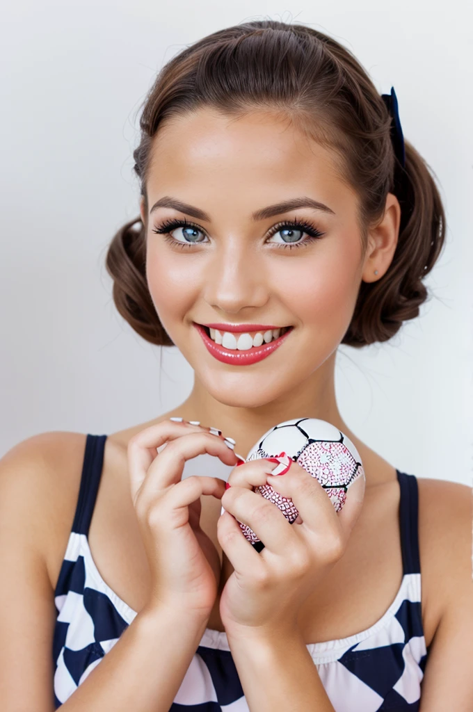 35mm portrait photography front girl smiling playfully posing sexy pin up dressed in a polka dot dress in pinup style white background beautiful eyes, perfect skin, detailed skin, big, beautiful fingers and nails , (4K, ultra detailed) soccer ball in hand