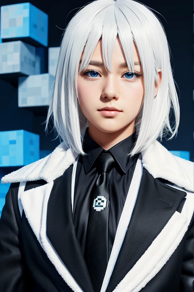 make logo with name FakeStarG and cute anime boy having white hair and black coat and blue tie minecraft textures and background minecraft