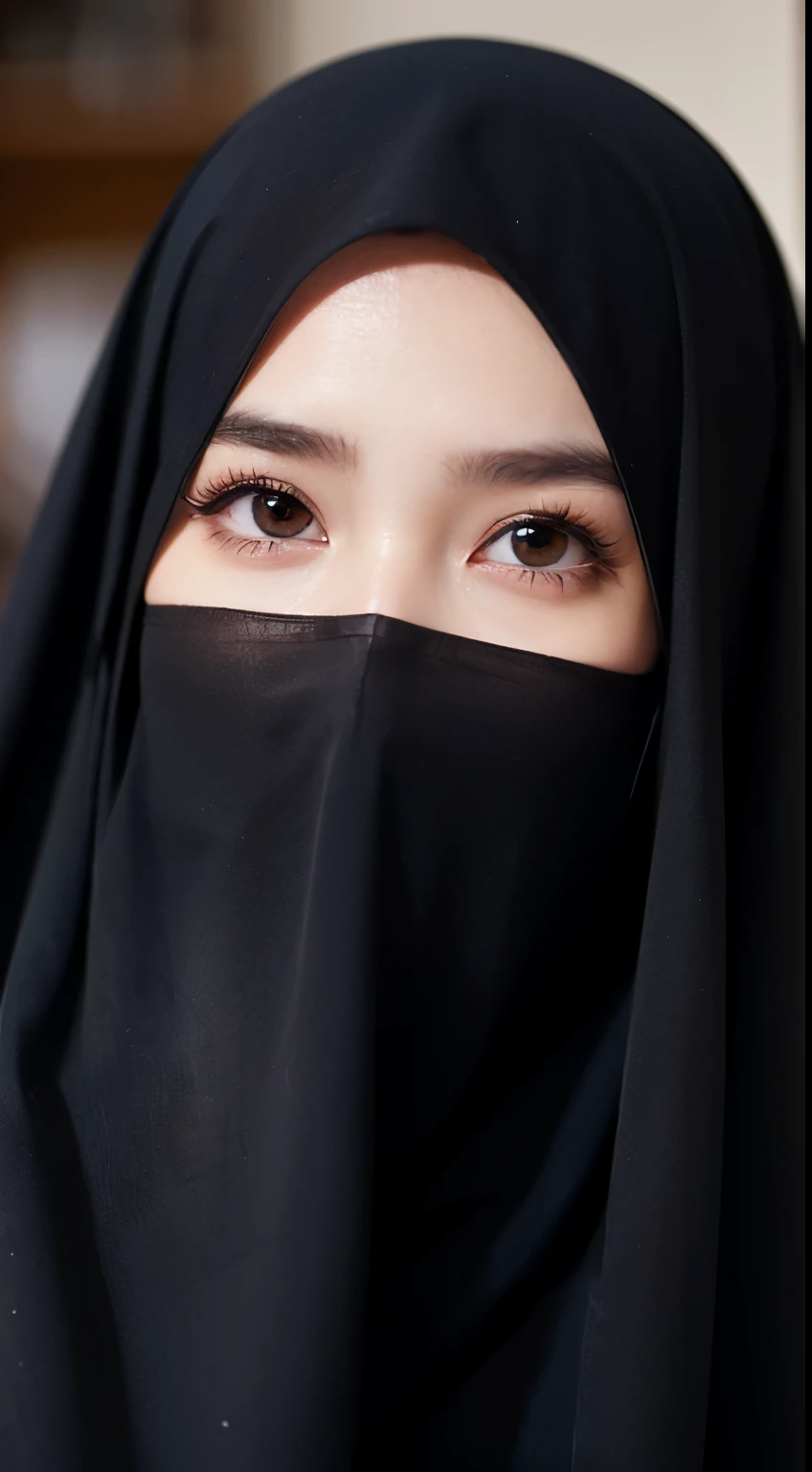dressed, (photo realistic:1.4), (hyper realistic:1.4), (realistic:1.3), (smoother lighting:1.05), (increase cinematic lighting quality:0.9), 32K, 1girl,solo, a beautiful young woman hijab, ((black hijab)), (((covering mouth, black long veil:1.1))), 20yo girl, realistic lighting, backlighting, light on face, ray trace, (brightening light:1.2), (Increase quality:1.4), (best quality real texture skin:1.4), finely detailed eyes, finely detailed face, finely quality eyes, (Increase body line mood:1.1), (Increase skin texture beauty:1.1)