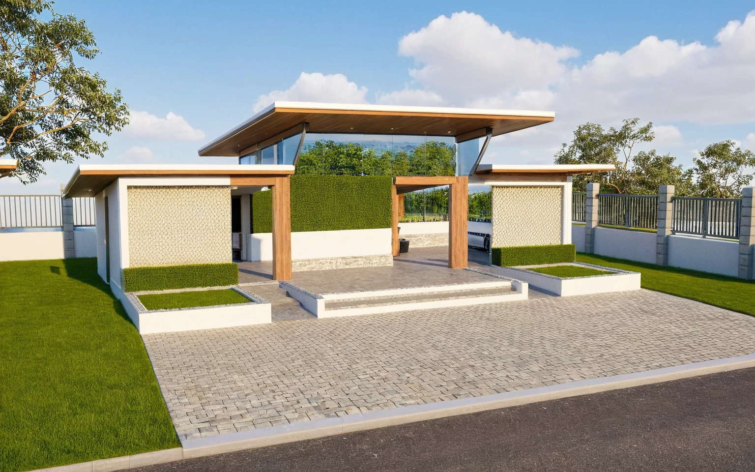Masterpiece, high quality, best quality, authentic, super detail, outdoors, huts style modern, white wall, glass windows, gate road,pavement, grass, trees,blue sky, cloud, (day:1.1), realistic lighting