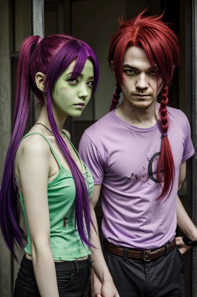 Zombie anime couple: red hair girl and purple haired boy. Both has green skin. Girl has pig tail hair. 