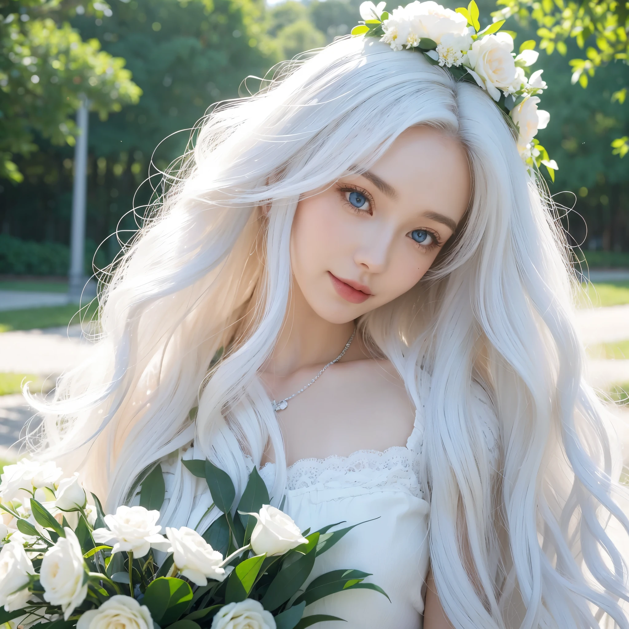 1 Woman, White long, curly hair，Natural hair. white hair.  Blue eyes. student. Parque. Happy. flowers. Flowers Crown flowers. 