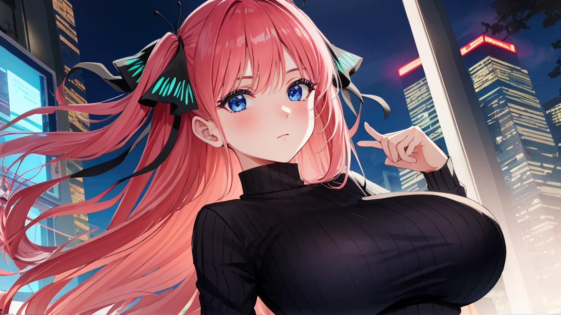 (Night:1.7), Cyberpunk_CityView, Before Window,
standing at attention,armpits,arm up,
wearing Official Outfit,
nino nakano, short hair, bangs, blue eyes, hair ornament, hair ribbon, pink hair, blunt bangs, two side up, butterfly hair ornament,
1 girl, 25yo,mature female,Beautiful Finger,Beautiful long legs,Beautiful body,Beautiful Nose,Beautiful character design, perfect eyes, perfect face,
looking at viewer, (innocent_big_eyes:1.0),(expressionless:1.3),
NSFW,official art,extremely detailed CG unity 8k wallpaper, perfect lighting,Colorful, Bright_Front_face_Lighting,
(masterpiece:1.0),(best_quality:1.0), ultra high res,4K,ultra-detailed,
photography, 8K, HDR, highres, absurdres:1.2, Kodak portra 400, film grain, blurry background, bokeh:1.2, lens flare, (vibrant_color:1.2)
(Beautiful,large_Breasts:1.4), (beautiful_face:1.5),(narrow_waist),(perfect hands, perfect anatomy),