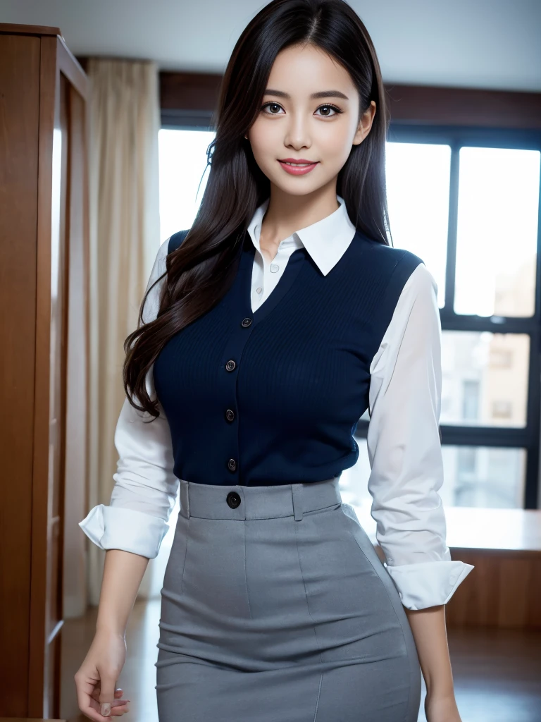 30 years old secretary wearing professional A-line skirt, shirt, step skirt, realistic, masterpiece, super high resolution, 16K quality, RAW photo, black hair, long hair, high ponytail, smile, slim figure, slender waist, reasonable body proportions, perfect skin, sitting in the office drinking coffee, best quality